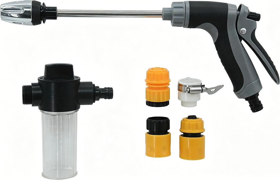 Aquoxis Spray Nozzle, High Pressure Washer Hose Nozzle Gun with Foam, 2 Universal Connectors, Metal Leak-Proof Design, Fits Standard Garden Hoses for Car Washing.