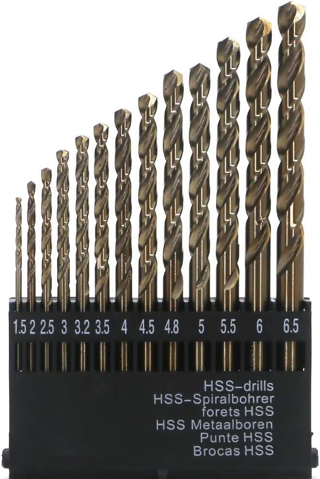 Metric Cobalt Drill Bits Set 1.5-6.5mm 13PCS, M35 high Speed Steel, high Hardness Straight Shank Drill, Mechanical or Hand Drill for Drilling, Suitable for Stainless Steel, Iron, Copper and Aluminum.
