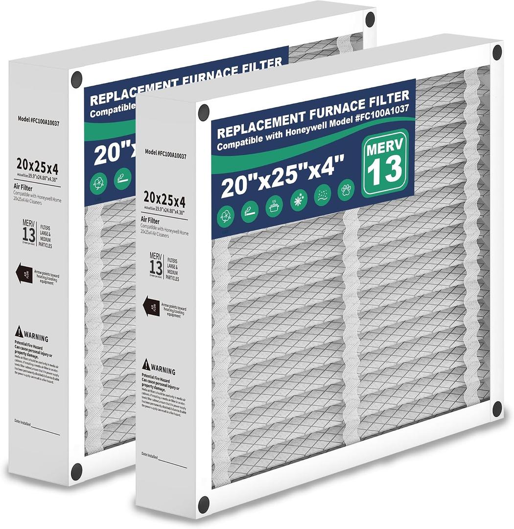 2Pack 20x25x4 AC Furnace Air Filter Compatible with Honeywell FC100A1037, MERV 13 HVAC Filter Replacement, Actual Size:19.94"x24.86"x4.38"