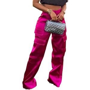NRTHYE Women High Waisted Satin Cargo Pants Wide Leg Casual Pants Multi Pockets Straight Trousers (X-Large, 01 Rose)