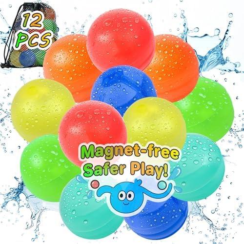 12 PCS Reusable Water Balloons - No-Magnets, Refillable Water Balloons with Mesh Bag, Quick Fill Water Silicone Water Bomb for Outdoor, Summer Toys Swimming Pool Water Toys for Kids