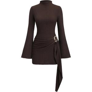 Milumia Women's Textured Mock Neck Metal Cinched Waist Long Bell Sleeve Dress Ruched Bodycon Party Club Mini Dress (Coffee), Small
