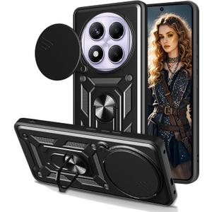 for Xiaomi Redmi Note 14 Pro Case with Ring Kickstand - Slide Camera Cover, Military Grade Shockproof Protection Rugged Armor Cover for Xiaomi Redmi Note 14 Pro SJ-Black