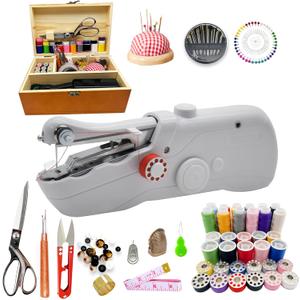 Handheld Sewing Machine with Exquisite Wooden Storage Box & 142-Piece Sewing Kit - Electric Switch, Dual Power Supply, Assorted Needles, Threads, Heavy Duty Scissors - Meets All Household Sewing Needs