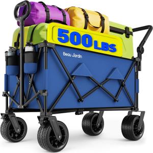BEAU JARDIN Folding Push & Pull Beach Wagon 500 lbs Collapsible Foldable Wagons with Push Handle All Terrain Wheels Grocery Utility Camping Sports Garden Wagon Cart Blue (Extra Large)
