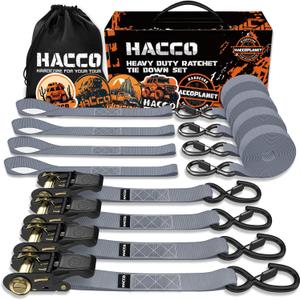 Haccoplanet Ratchet Tie Down Straps, 2340lb Break Strength, 4pc 1inch x 16FT Tie Down Strap Set with Padded Handles & Coated S Hook W/Safety Clip, Cargo Strap Tie Down for Motorcycle, Truck (Grey)