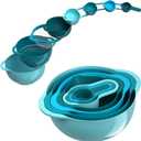 Mixing Bowls-Plastic Nesting Mixing Bowl Set of 8, Kitchen Gadgets for Apartments Space Saving, Including Measuring Cups Sifter Colander, Easy Storage Cooking Baking, Rv Camper Accessories, No BPA (Blue Cyan)