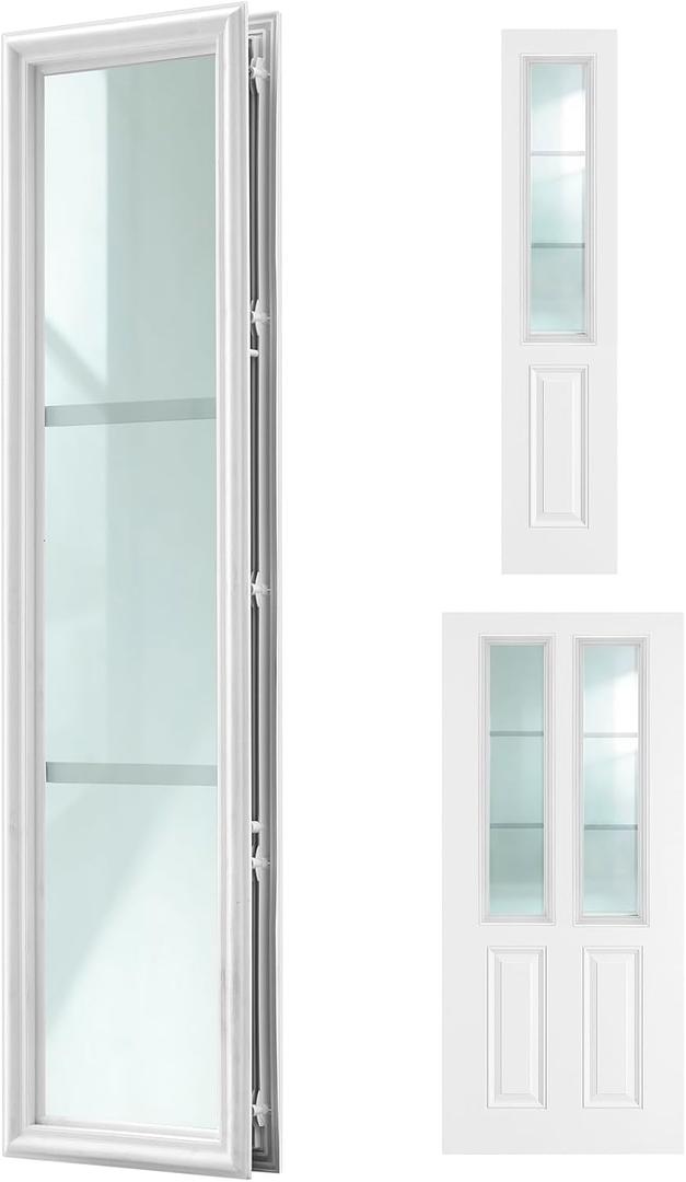 1 Pcs 8" x 36" Entry Door Glass Insert with Low-e Clear Glass 3 Lites with Grilles Between Glasses Raised Frame White Exterior Front Door Sidelite Window Inserts Replacement Kit for Home Improvement