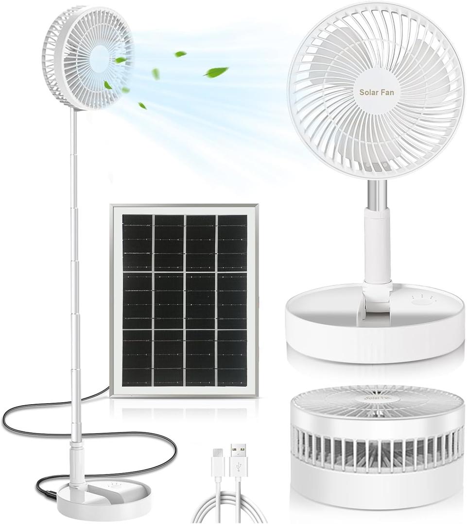 Portable Standing Fan with Solar Panel, Battery & Solar Powered Fan for Travel, 8" Rechargeable USB Foldable Compact Pedestal Fan, 3 Speeds Quiet Telescopic Desk Fan for Home Bedroom Camping