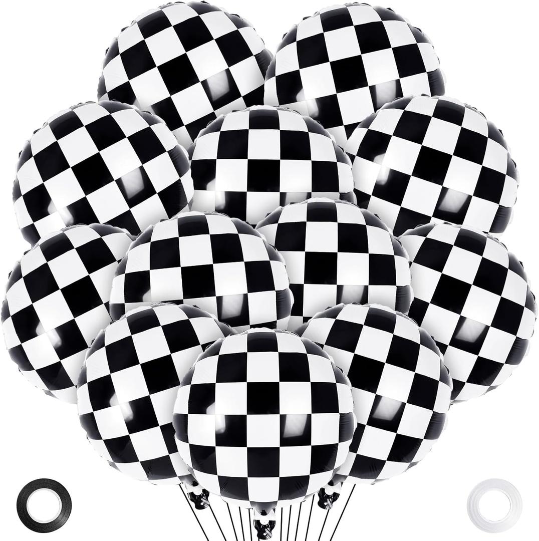 Checkered Balloons, 12 Pcs Checkered Racing Foil Balloons, 18 Inch Black and White Checkerboard Mylar Balloons for Race Car Birthday Party Supplies Decoration