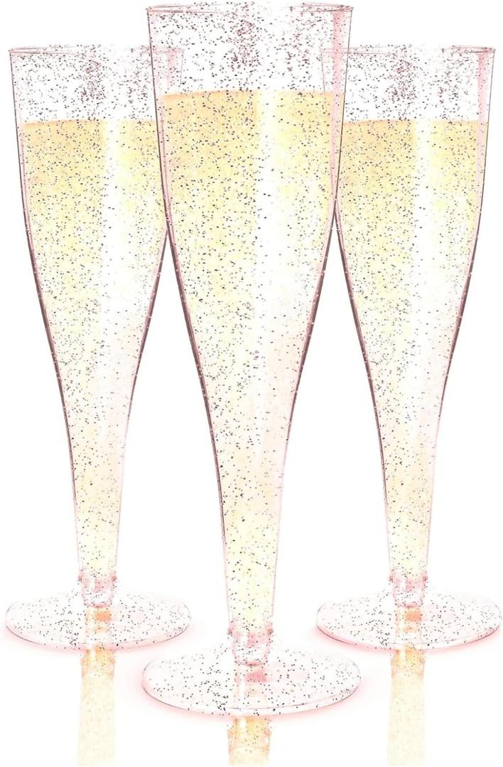 Prestee 24 Piece Plastic Champagne Flutes - 4.5 oz Plastic Wine Glasses with Rose Gold Glitter - Cocktail Glasses for Parties - Party Supplies for Mimosa Bar, Wedding, Shower Party and New Years Eve