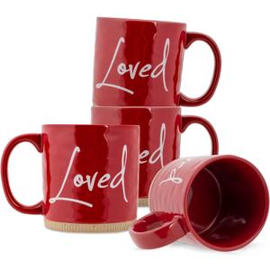 Lighthouse Christian Products Powerful Words Loved 15 ounce Ceramic Stoneware Coffee Mug Pack of 4, Red