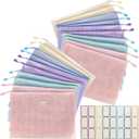 MultiBey 20 Pack A4 Mesh Zipper Pouch Bags with Labels, Waterproof Plastic Zipper Pouches for Organizing Board Games, Puzzles, Documents Office Supply and Home Organizer, 5 Macaron Colors