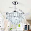 TXCSLY 42" Fandelier Ceiling Fan with Light, Crystal Chandelier Fan with Retractable Blades Dimmable Crystal Ceiling Fan Chandelier for Bedroom Living Room Dining Room-Chrome