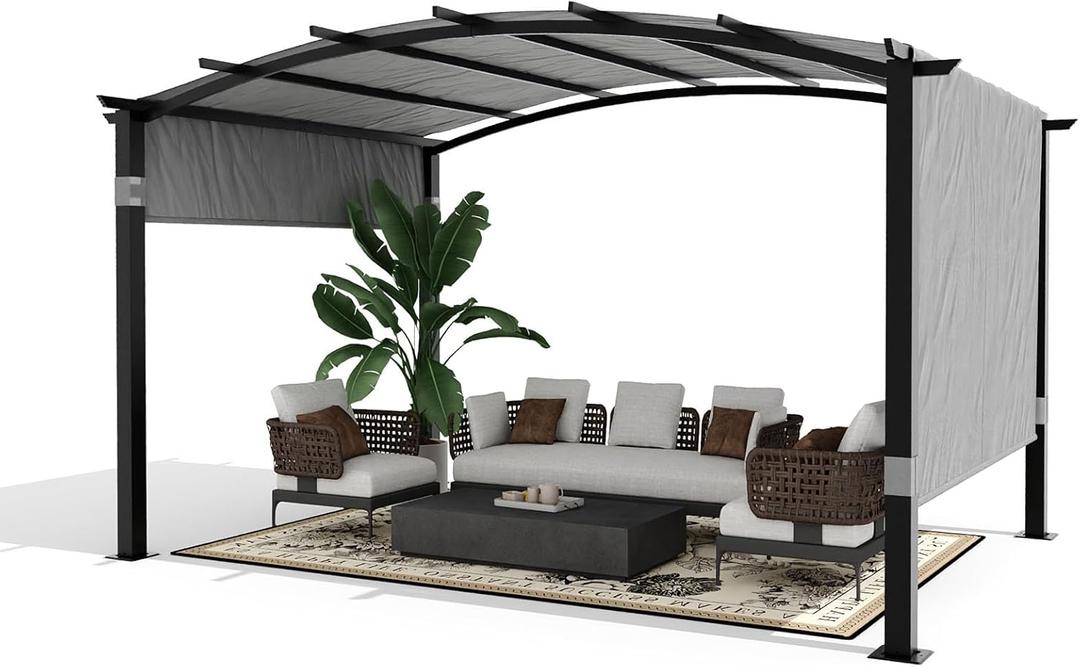 12x9 Ft Outdoor Arched Pergola Metal Gazebo with Retractable Sun Shade for Patio Garden Backyard Deck Lawns(Gray)