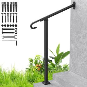 Handrails for Outdoor Steps, 1-2 Step Single Post Handrail, 38" H Rustproof Wrought Iron Stair Railing with Assembly Tool Kit for Concrete Steps, Wood Steps, Black