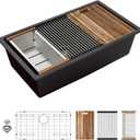 Sarlai 32 Granite Composite Kitchen Sink - 32"x19" Black Undermount Kitchen Sink Ledge Workstation Matte Black Granite Quartz Composite Under-Mount Single Bowl Sinks Basin