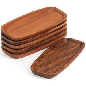 Mini Wooden Serving Platters and Trays, 7-inch Solid Acacia Wood Serving Plates for Food/Snacks/Appetizer, also as Jewelry Trays, Mini Charcuterie Board and Cheese Platter, Reusable (6 PCS) (Brown)