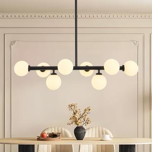 Ecoillumix 8-Light Globe Sputnik Chandelier, 33" Mid Century Modern Chandeliers, Dining Room Chandelier Over Table with Milk White Glass, Linear Chandeliers for Dining Room, Kitchen Island - Black