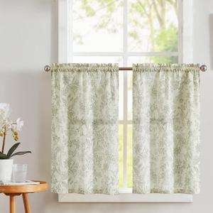 Vangao Farmhouse Kitchen Curtains Floral Print Cafe 24 Inch Length Linen Blend Tier Short Half Window Curtains Rod Pocket 2 Panels Green on Beige