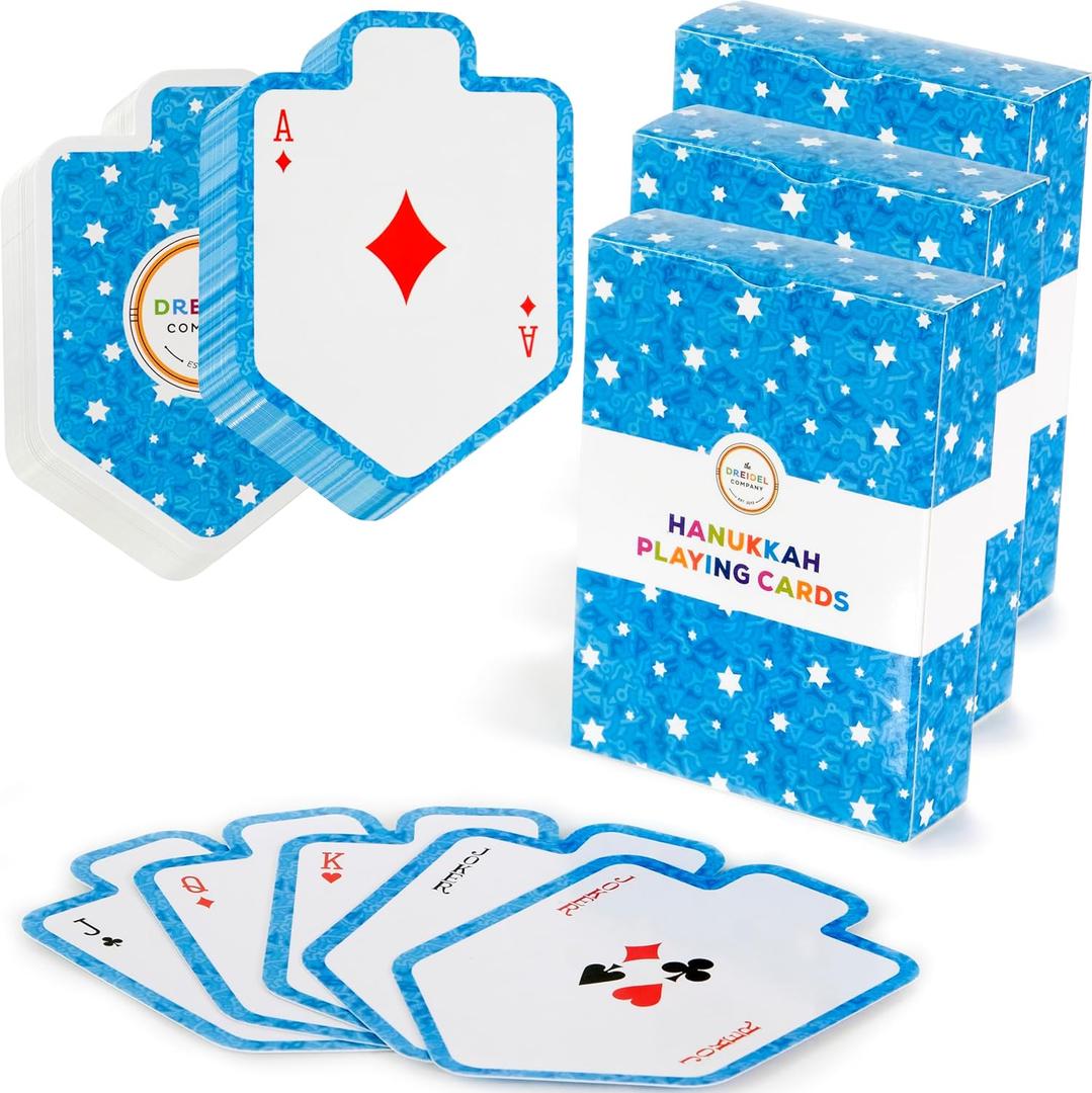 The Dreidel Company 3-Pack Hanukkah Playing Cards, Shaped Games Playing Cards, Standard Playing Card Decks for Card Activities Jewish Holiday Game Themed Party Supplies Games Gifts (Pack of 3)