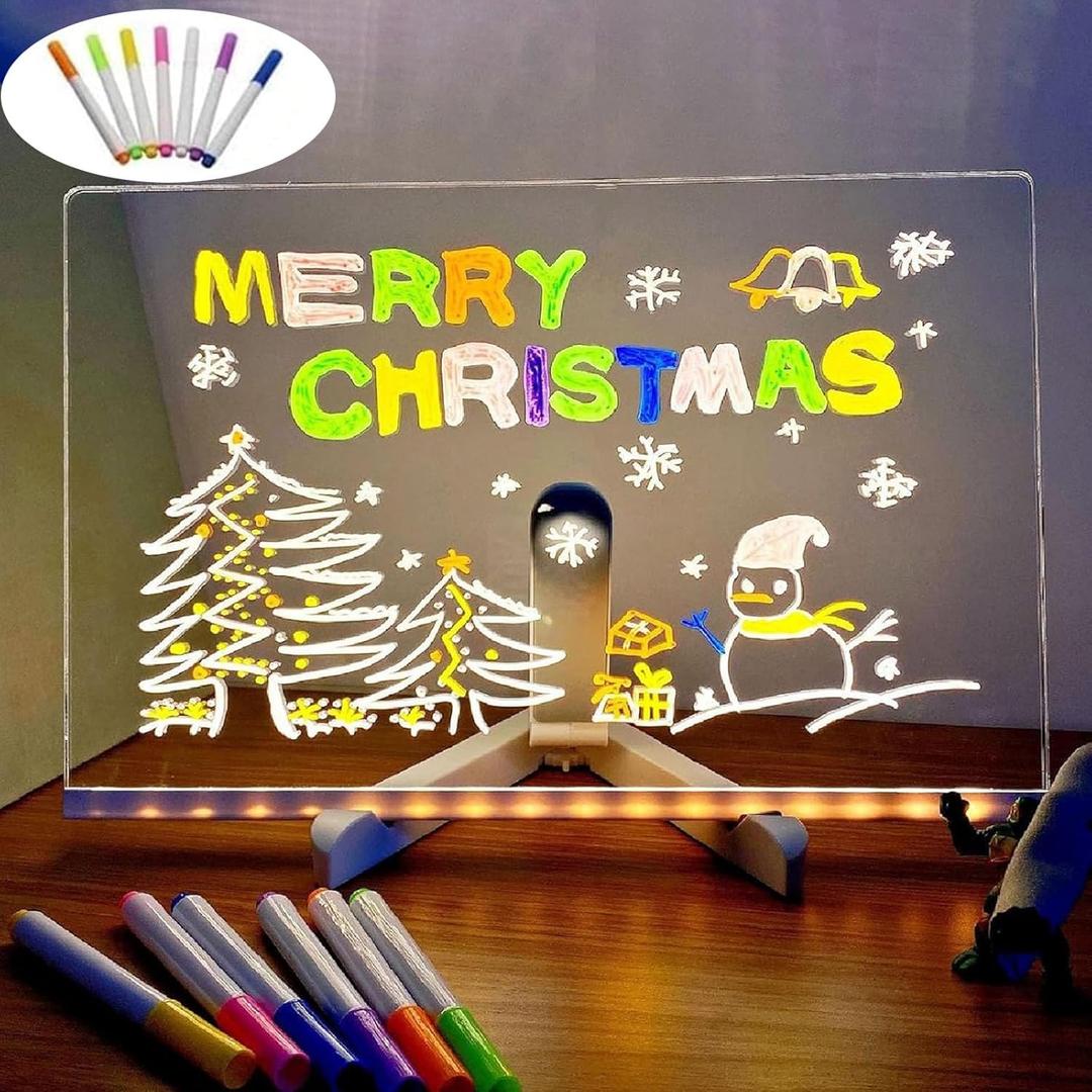LED Note Board with 7 Colors Pen, Lighted Acrylic Dry Erase Board, 11.8 X 7.9 Glowing Acrylic Message Marker Board, LED Illuminated Drawing Board Light Up Dry Erase Board for Office School Home