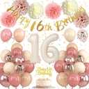 16th Birthday Decorations Retro Blush Pink Sweet 16 Girls Birthday Balloons Happy 16th Banner Cake Toppers Rose Gold Number 1 6 Balloon Pom Poms for 16 Year Old Bday Party Decoration Supplies