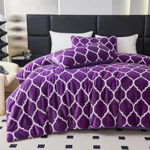 Purple King Size Comforter Set, Sherpa Fleece Bedding Comforter Set King Size for Winter, Fluffy Soft Fuzzy Reversible Warm Bed Set with 2 Pillowcases 104 x 90 Inches