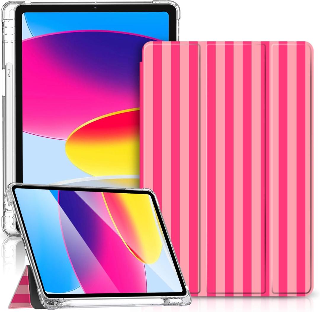 Case for iPad 11th (A16) 11-inch 2025/10th Generation 10.9-inch 2022, Stripes [Auto Wake/Sleep] with Pencil Holder, Clear Transparent Back Shell Slim Stand Shockproof Tablet Cover- Rose Red
