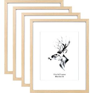 Yaetm 11x14 Wood Picture Frame with Mat for 8x10 Set of 4, Natural Solid Oak Wood 11x14 Frame with Tempered Glass for Horizontal and Vertical Wall Mounting (4 pack, Oak)