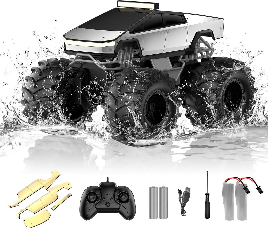 Amphibious Remote Control Car, 1:18 Monster Truck Toys for Boys RC Cars, 2.4 GHz Waterproof RC Trucks, 4WD All Terrain Off-Road Pickup, Kids Christmas Birthday Gifts Present Boys Girls Toys Ages 6+ (Silver)
