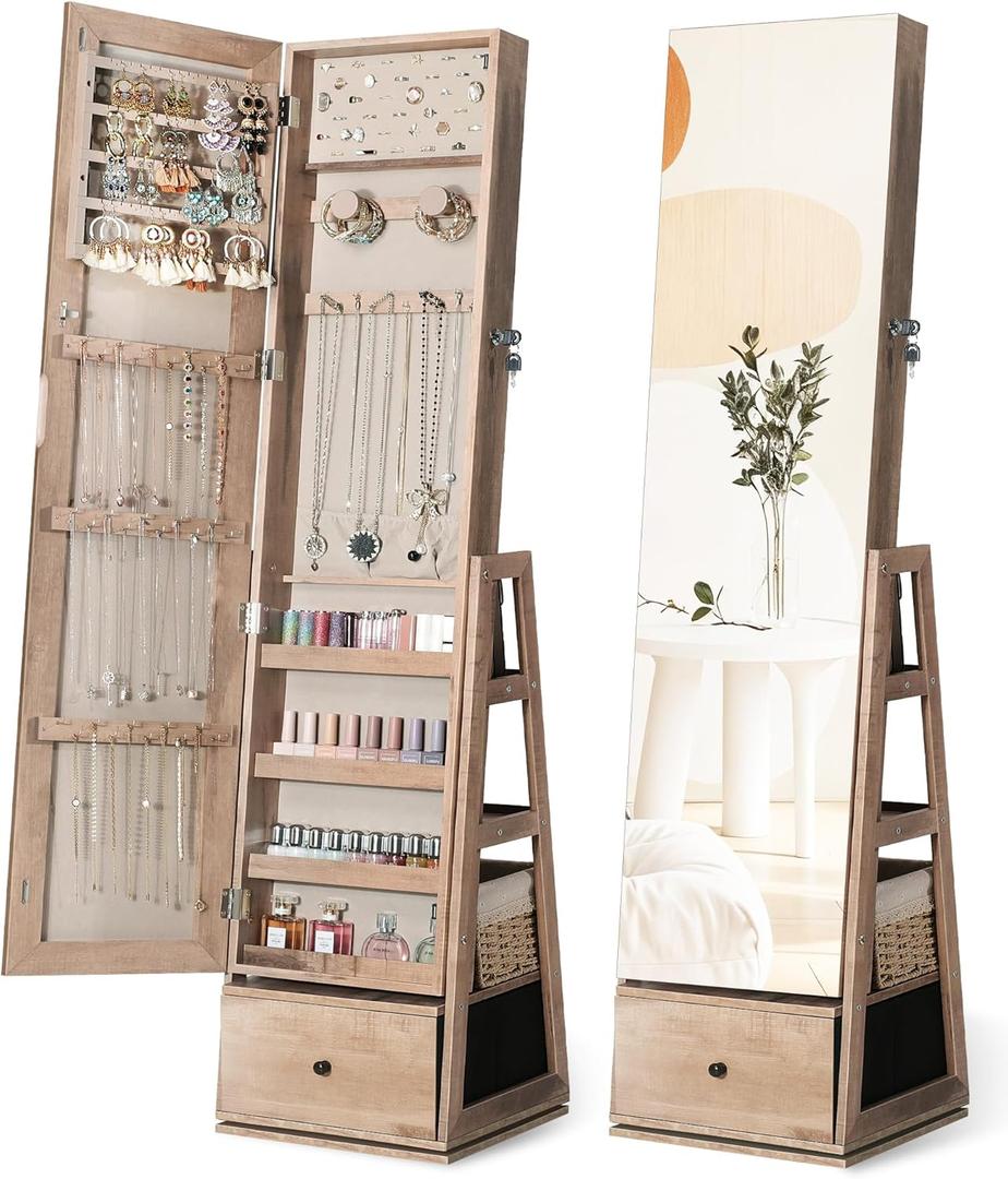 Nicetree 360Swivel Jewelry Cabinet, Rotatable Full Length Mirror with Jewelry Storage, Standing Jewelry Armoire Organizer, Lockable Jewelry Organizer with 3 Rear Shelves, Bottom Drawer, Oak