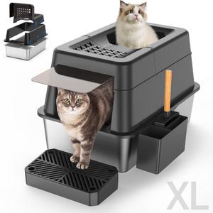 Aphyxen Stainless Steel Litter Box with Lid, XL Extra Large Enclosed Cat Litter Box Fits All Cats Modular Design with Flip Cover, Top Entry Metal High Sided Cat Box & Pedal & Scoop (Black)