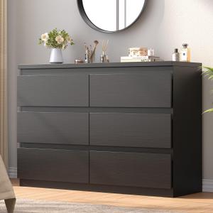Black 6 Drawer Dresser for Bedroom, 15.3" D x 47.2" W x 32.3" H in Simply Modern Chest of Drawers, Wood Storage Double Dresser with Deep Drawers for Living Room, Hallway Entryway, Black