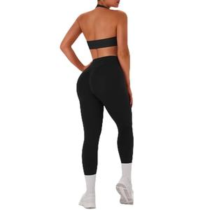 TDIFFUN Women Workout Sets 2 Piece Seamless Scrunch Butt Leggings Padded Halter Sports Bra Matching Set Gym Yoga Outfits, Black, M