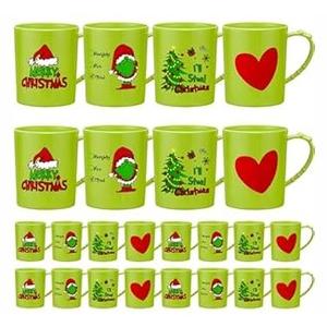 Suclain 24 Pcs Christmas Plastic Mugs Bulk Lime Green Xmas Cups 15 oz with Handle I'll Steal Christmas Cups Santa Xmas Trees Holiday Mugs for Winter Party Supplies