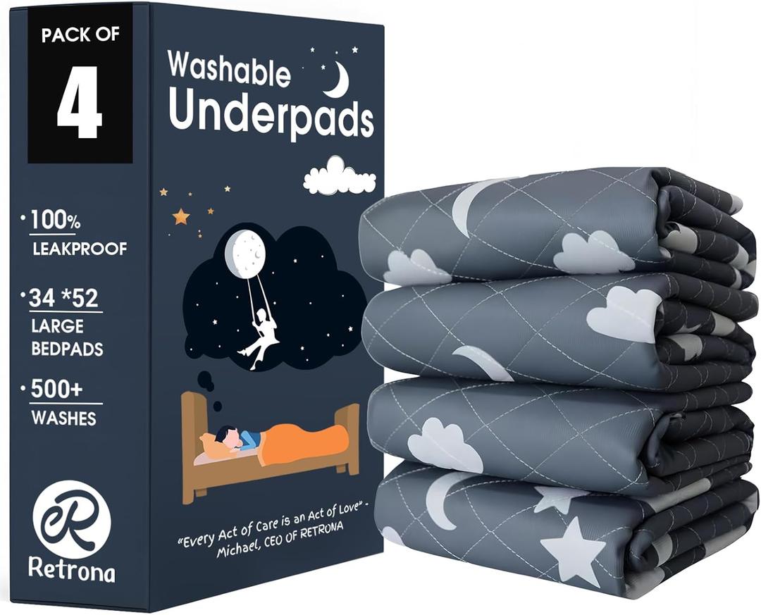 Retrona Washable Underpads 34" x 52" Pack of 4 Heavy Absorbency Reusable Bedwetting Incontinence Pads for Adults, Kids, & Pets - Waterproof Protective Pad for Bed, Couch, Sofa, Floor (4 Pack - 34x52)