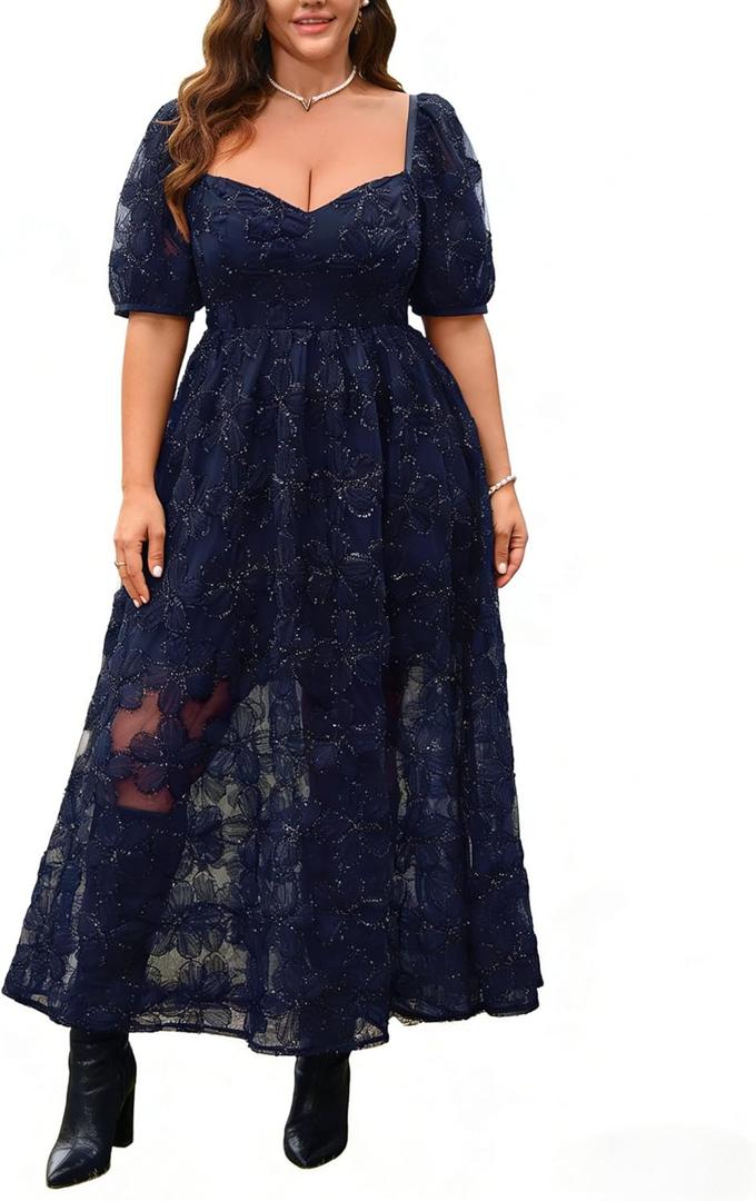 EYWOL Formal Wedding Guest Cocktail Plus Size Dress, Floral Embroidered, Hide Tummy A-Line for Curvy Women (Blue, XXL)