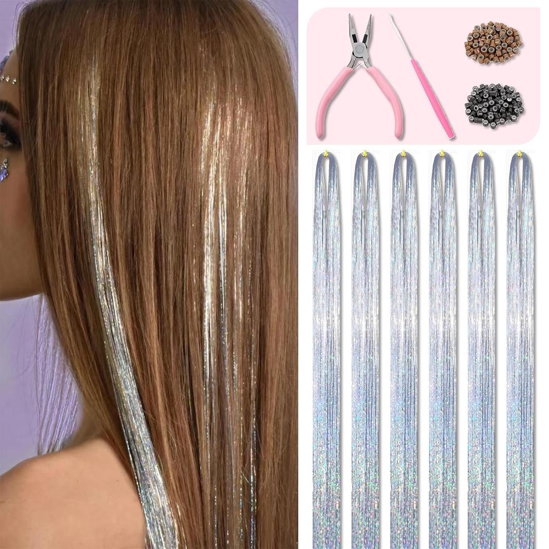 Silver Hair Tinsel Kit 48 Inches 1200 Strands with Tools and Instruction Easy to Install Fairy Glitter Tinsel Hair Extensions for Women and Girls，Shinny Sparkling Braiding Hair Accessories for Halloween Cosplay Party
