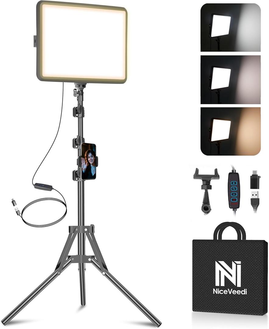 1-Pack LED Video Light Kit, NiceVeedi Photography Lighting Kit, 2800-6500K Dimmable Studio Light with Tripod Stand & Phone Holder, 73" Stream Light for Video Recording, Game Streaming, YouTube