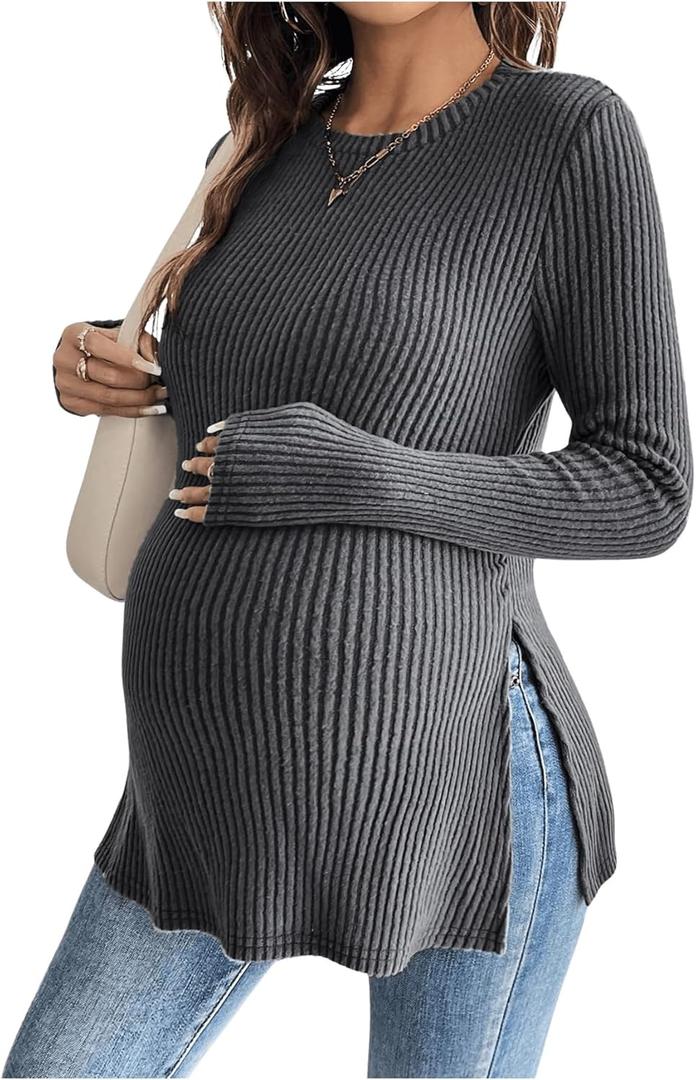 Women's Maternity Ribbed Knit Shirts Ruffle Hem Split Side Tee Tops Crew Neck Long Sleeve T Shirts Pregnancy Clothes Dark Grey Small