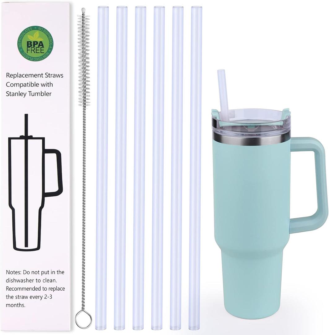 AIERSA 6 Pack Silicone Replacement Straws for Stanley 20 30 40oz Cup,Reusable Straws Compatible 40 oz Stanley Tumbler,Long Straw with Cleaning Brush for Stanley Cup Accessories (12in clear)