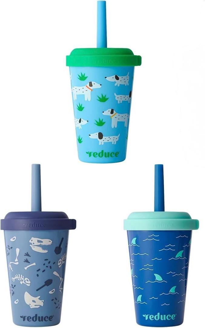 REDUCE GoGo's Kids Portable Tumbler Cups with Lids and Spill-Proof Straws - 3 Pack of Stackable 12 oz Tumblers with Twist-On Lids - Easy Storage, Dishwasher Safe - Scavenger Boy Set