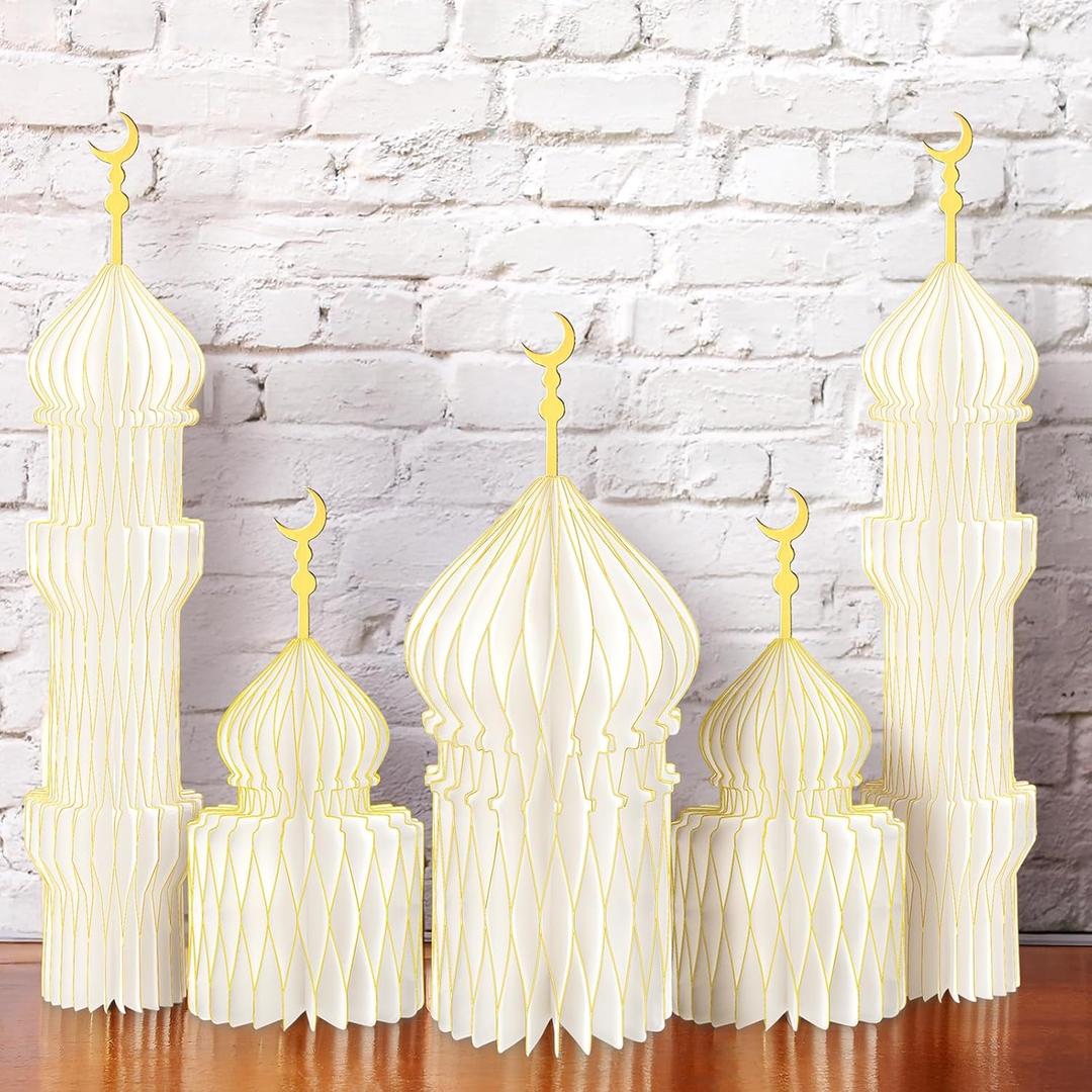 3 PCS Ramadan Party Decorations Ramadan 3D Honeycomb Centerpiece Eid Mubarak Centerpieces Islamic Table Decoration for Home Office Party Supplies(White)