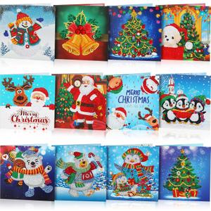 Clabby 12 Pcs 12 Pcs Christmas Card Making Kits, 5D Diamond Art Greeting Card, DIY Christmas Diamond Art Painting Crafts Advent Calendar Round Drill Gem for Party Adults Holiday Friend Family (Warm)