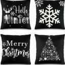 Remerry Christmas Pillow Covers Black White Merry Christmas Throw Pillow Cases 18 x 18 Inch Set of 4 Winter Snowflakes Boho Farmhouse Home Xmas Indoor Holiday Decor for Bed Sofa Couch (Boho Style)