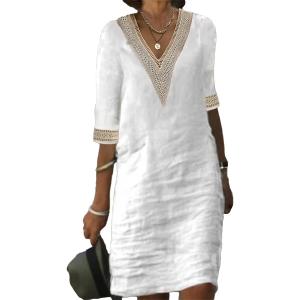 TS Women's Half Sleeve V-Neck Lace Ruffled Summer Dress Casual Ethnic Solid Basic Fashion Mid-Length Gifts (Medium, White)