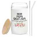 BEHIFL Christmas Grandma Gifts For Mom Yaya Great Yaya Glass Coffee Cup With Lid And Straws 14oz - christmas Glass Cup gifts For Grandmother