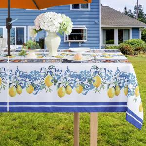 Summer Outdoor Tablecloth with Umbrella Hole and Zipper, Lemon Tablecloths for Rectangle Tables, Water Resistant Rectangular Polyester Table Cover for Outdoor / Picnic / Patio, 60 x 120 Inch, White