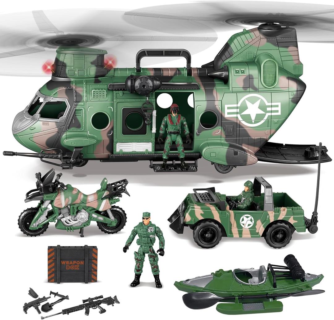 JOYIN 10-in-1 Military Helicopter Toys Set with Light, Sound, Trucks, Boat, Bike, Army Men, Weapons - Christmas Birthday Party Gifts for Kids